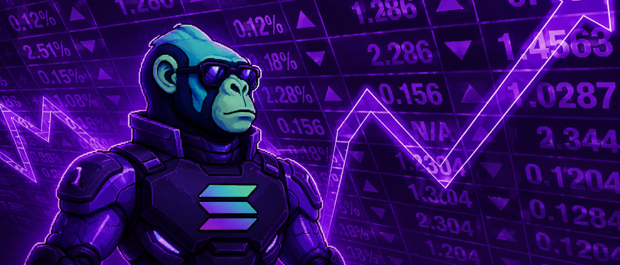 SOL APE armored ape with purple market chart background